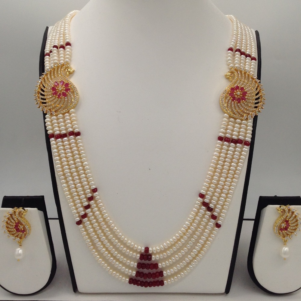 White And Red CZ Peacock Brooch Set With 5 Lines Flat Pearls Mala JPS0474