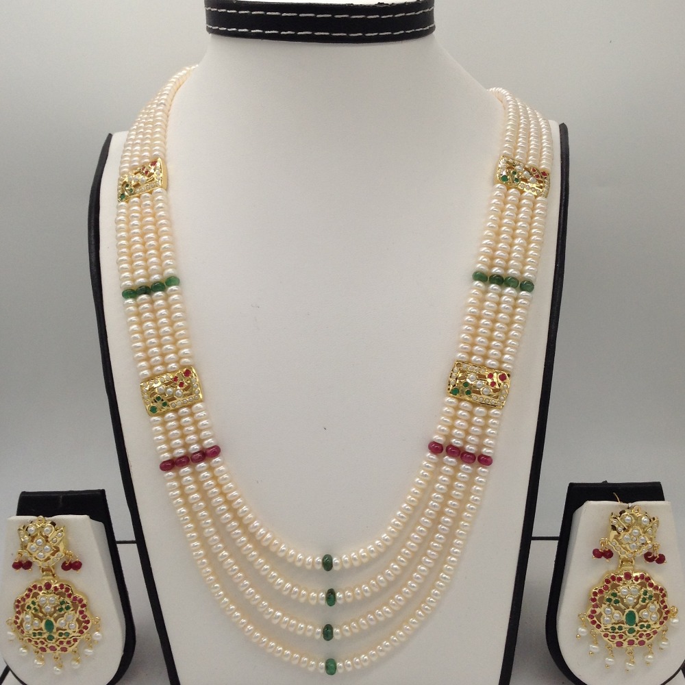 Red, Green CZ And Pearls Amritsar Patti Haar Set With 4 Lines Flat Pearls Mala JPS0468