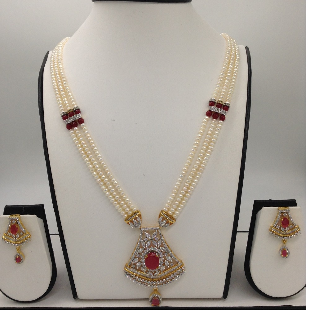 White,red cz ranihaar set with 3 lines flat pearls jps0467