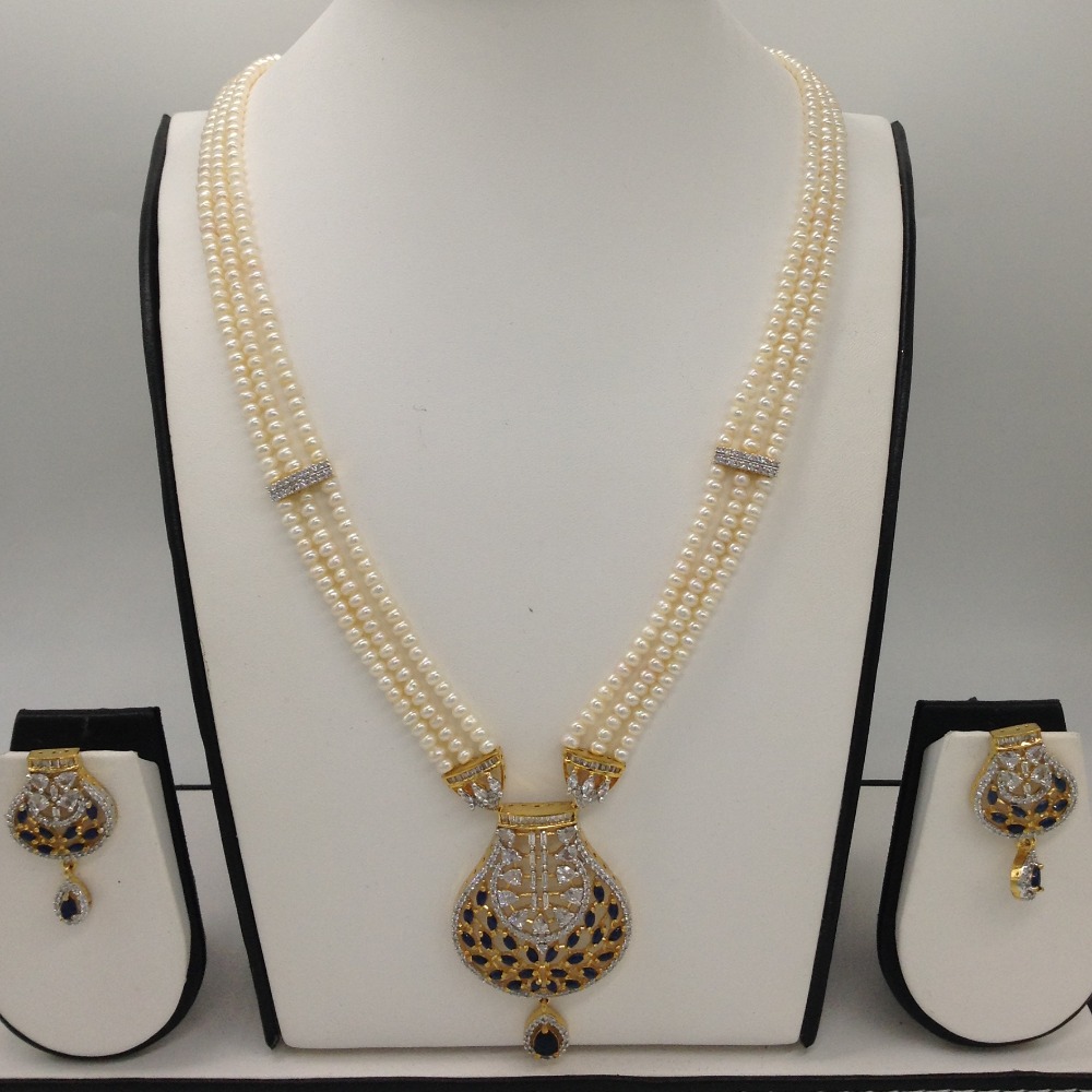White,blue cz ranihaar set with 3 lines flat pearls jps0466