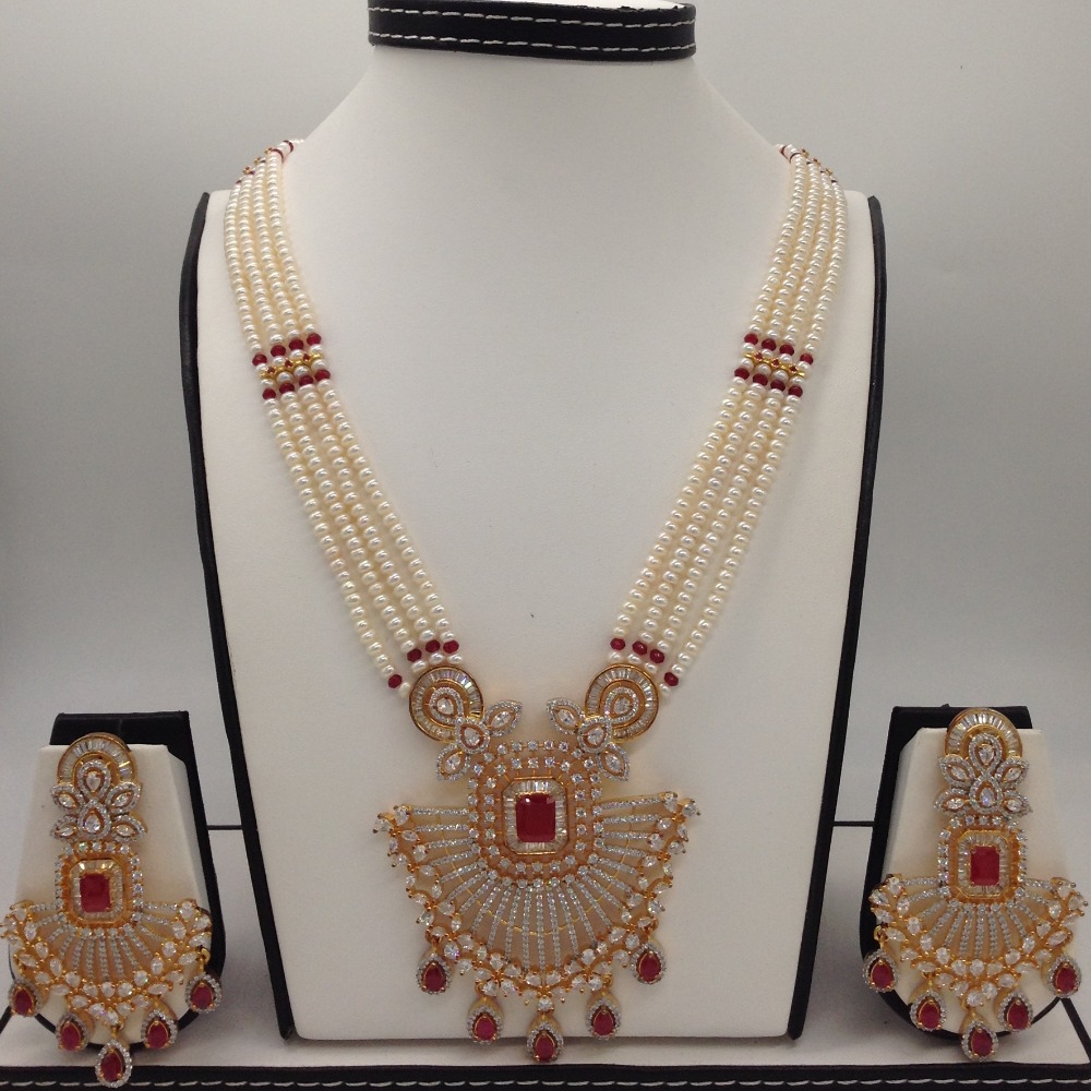 White,red cz ranihaar set with 4 lines flat pearls jps0455