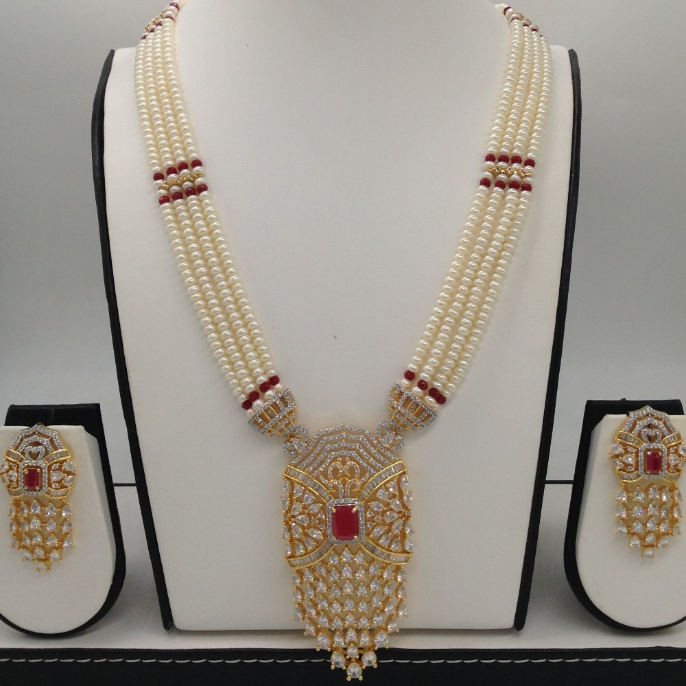 White,red cz ranihaar set with 4 lines flat pearls jps0454