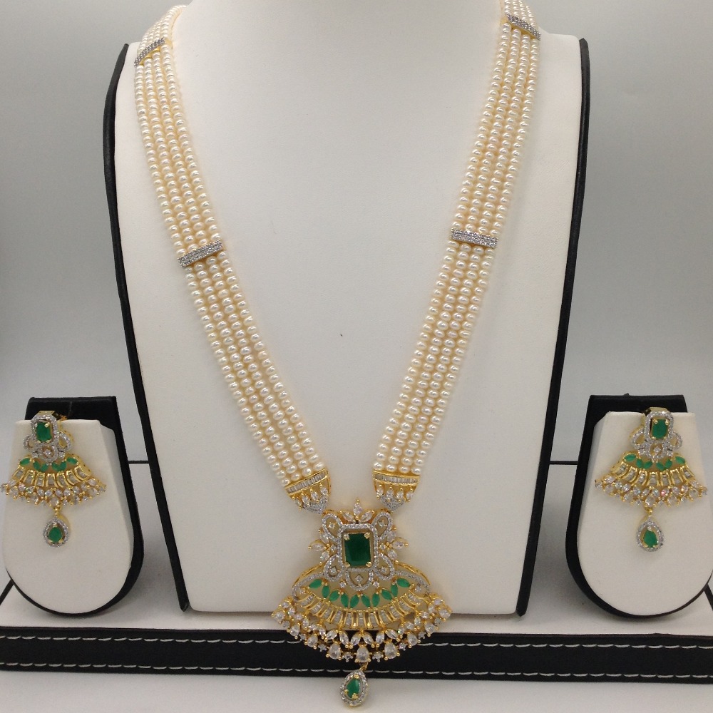 White,green cz rani haar set with 4 lines flat pearls jps0453