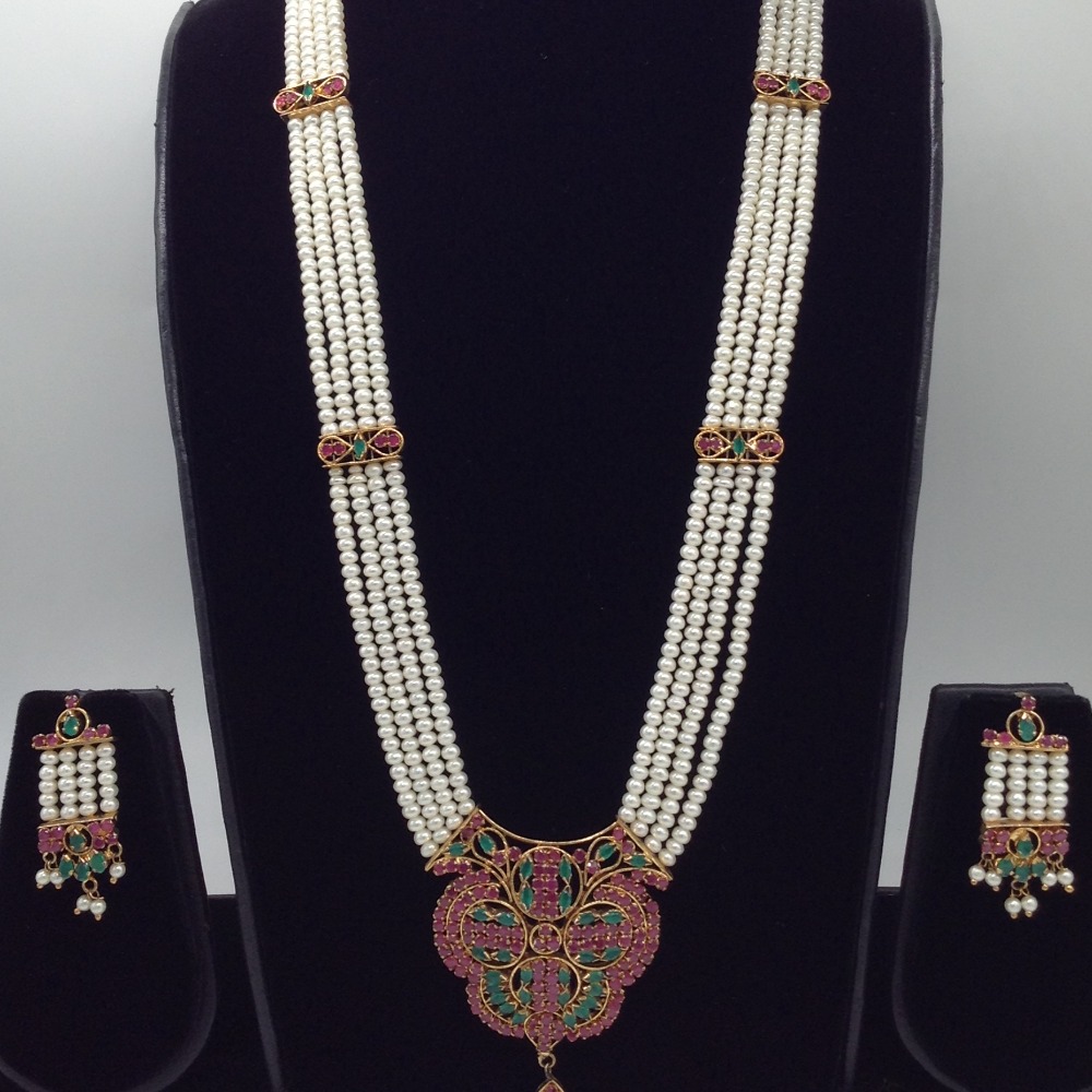 Red green cz ranihaar set with 4 lines flat pearls jps0452