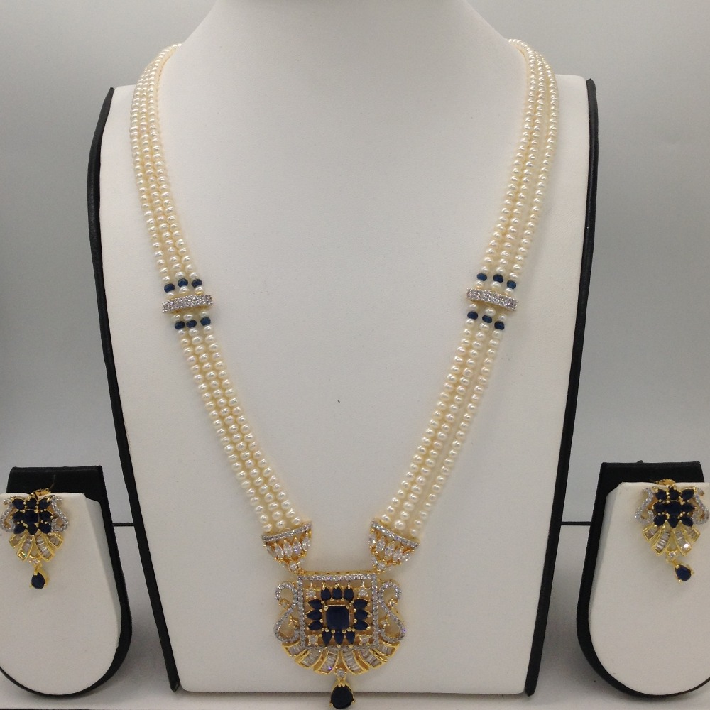 White,blue cz ranihaar set with 3 lines flat pearls jps0449