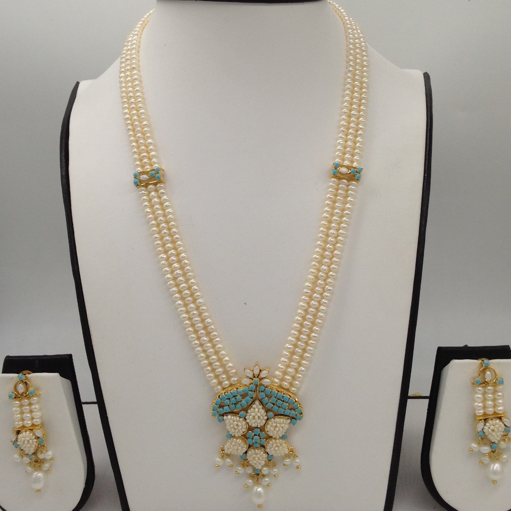 Turquiose and pearls ranihaar set with 3 lines flat pearls jps0448
