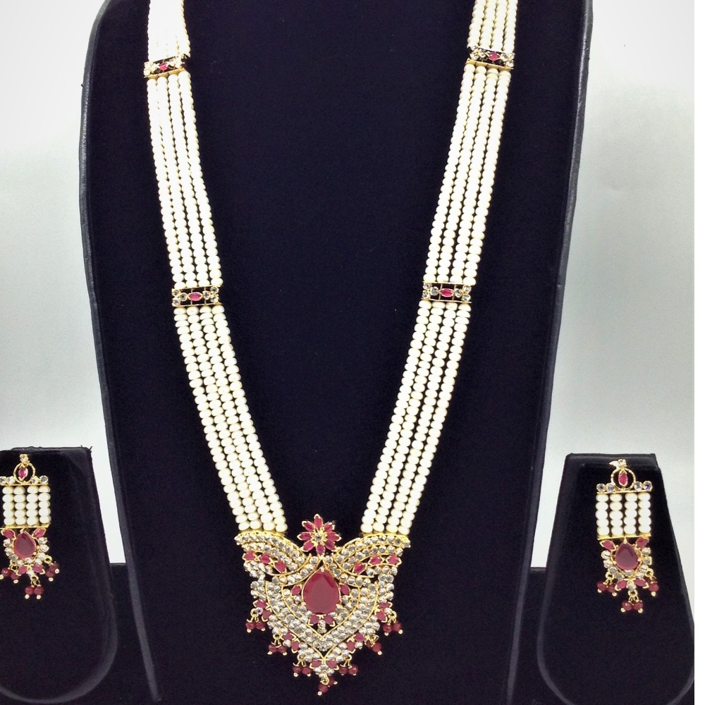White,red cz rani haar set with 4 lines flat pearls jps0447