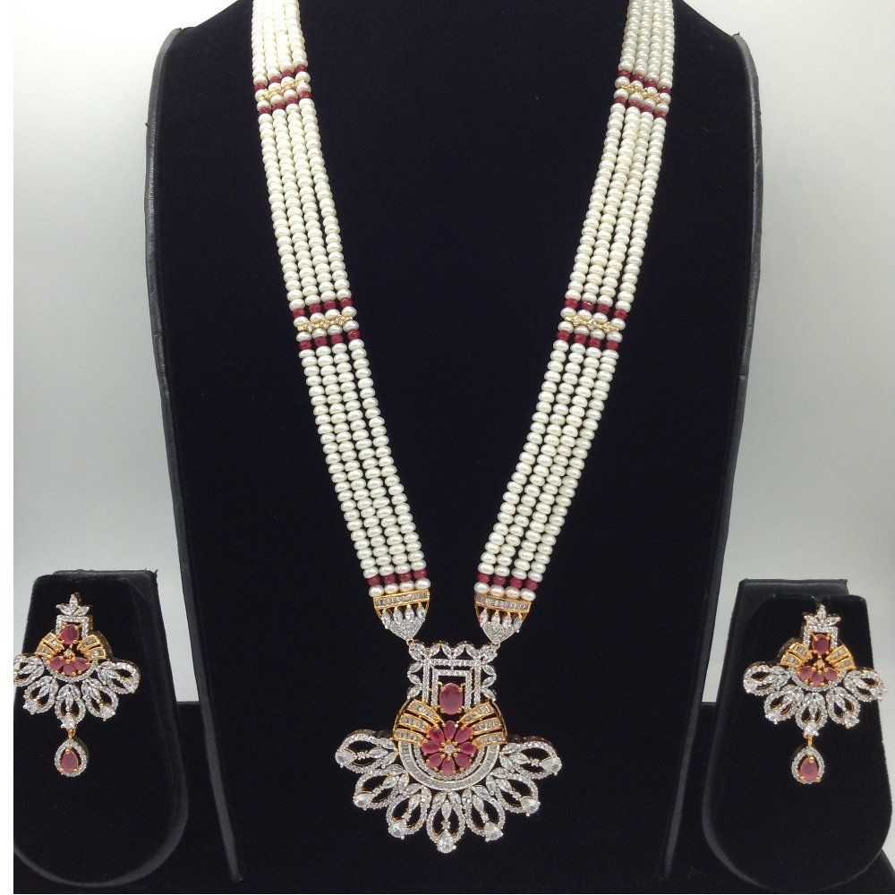 White,red cz rani haar set with 4 lines flat pearls jps0446