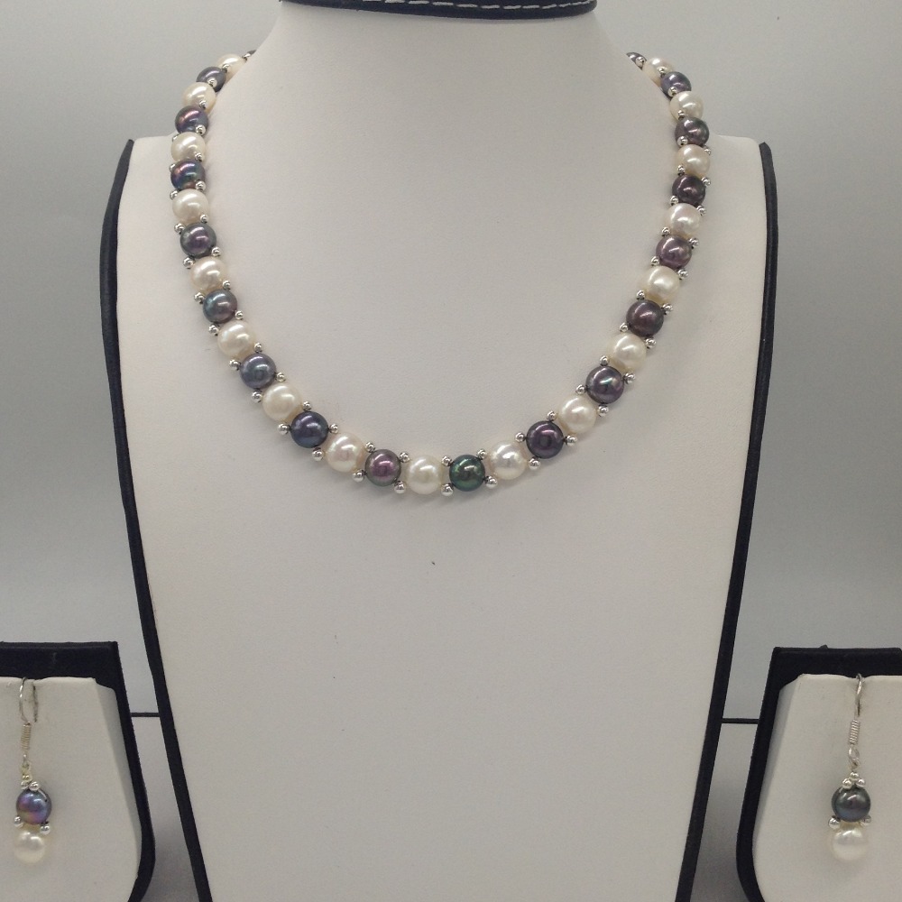Freshwater White and Black Button Pearls 1 Lines Necklace set JPP1023