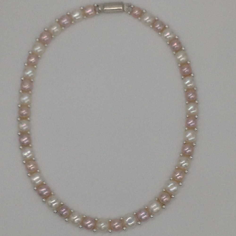 Freshwater White and Pink Button Pearls 1 Lines Necklace set JPP1022