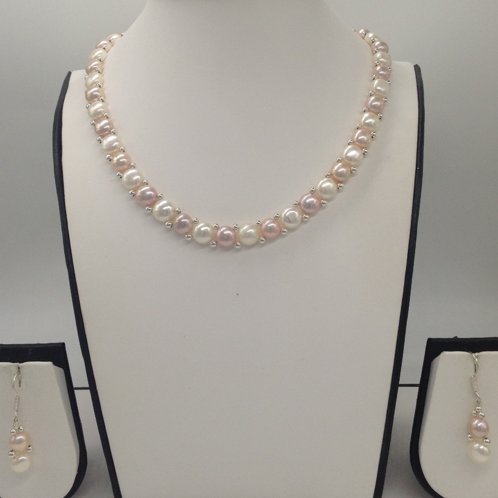 Freshwater White and Pink Button Pearls 1 Lines Necklace set JPP1022