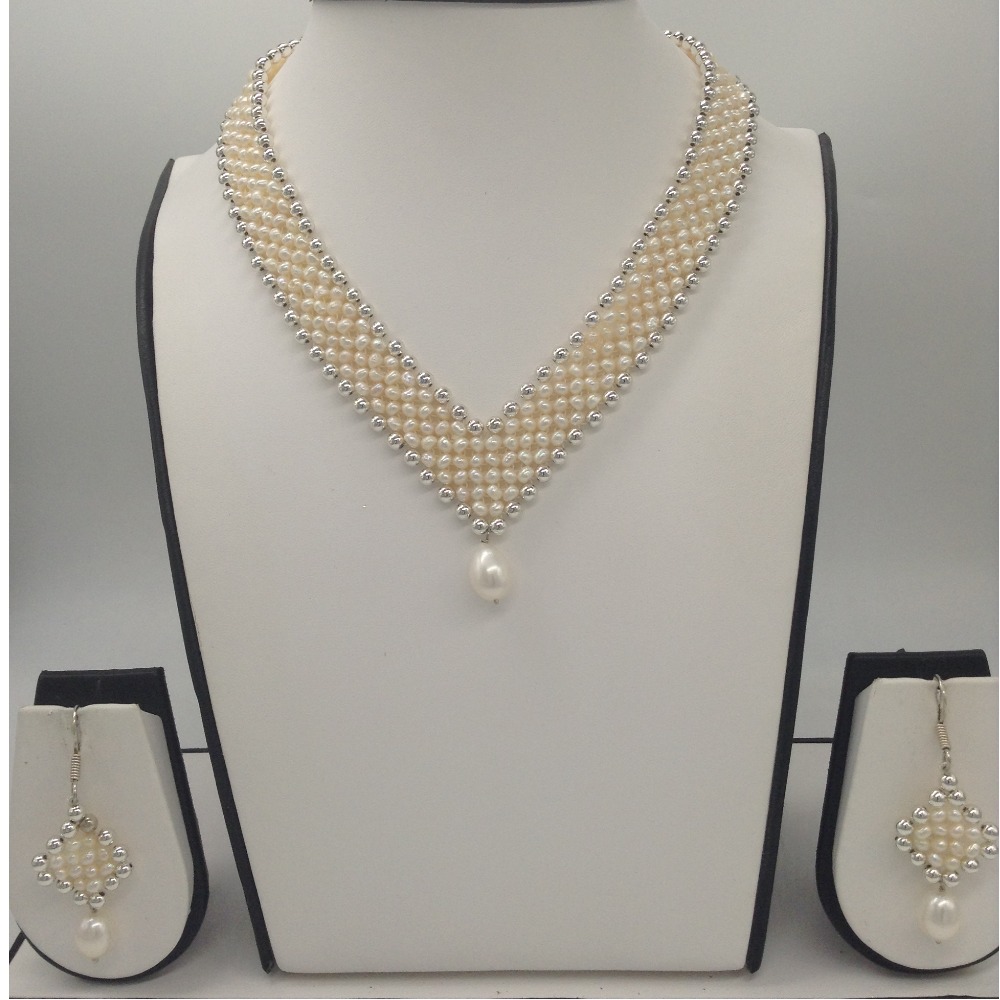 Freshwater white seed pearls "v" jaali necklace set jpp1029