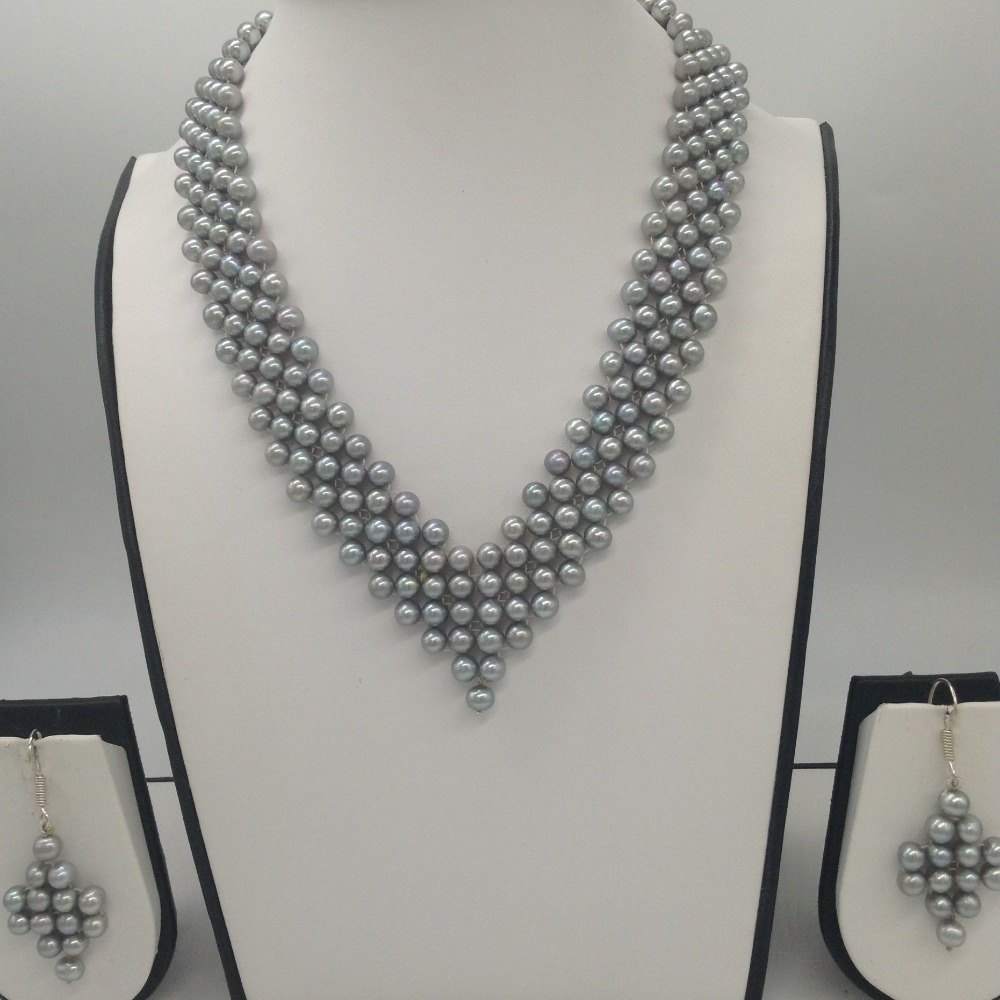 Freshwater grey round pearls "v" jaali necklace set jpp1030