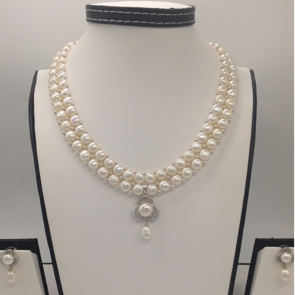 White cz and pearl pendent set with 2 line button mala jps0377