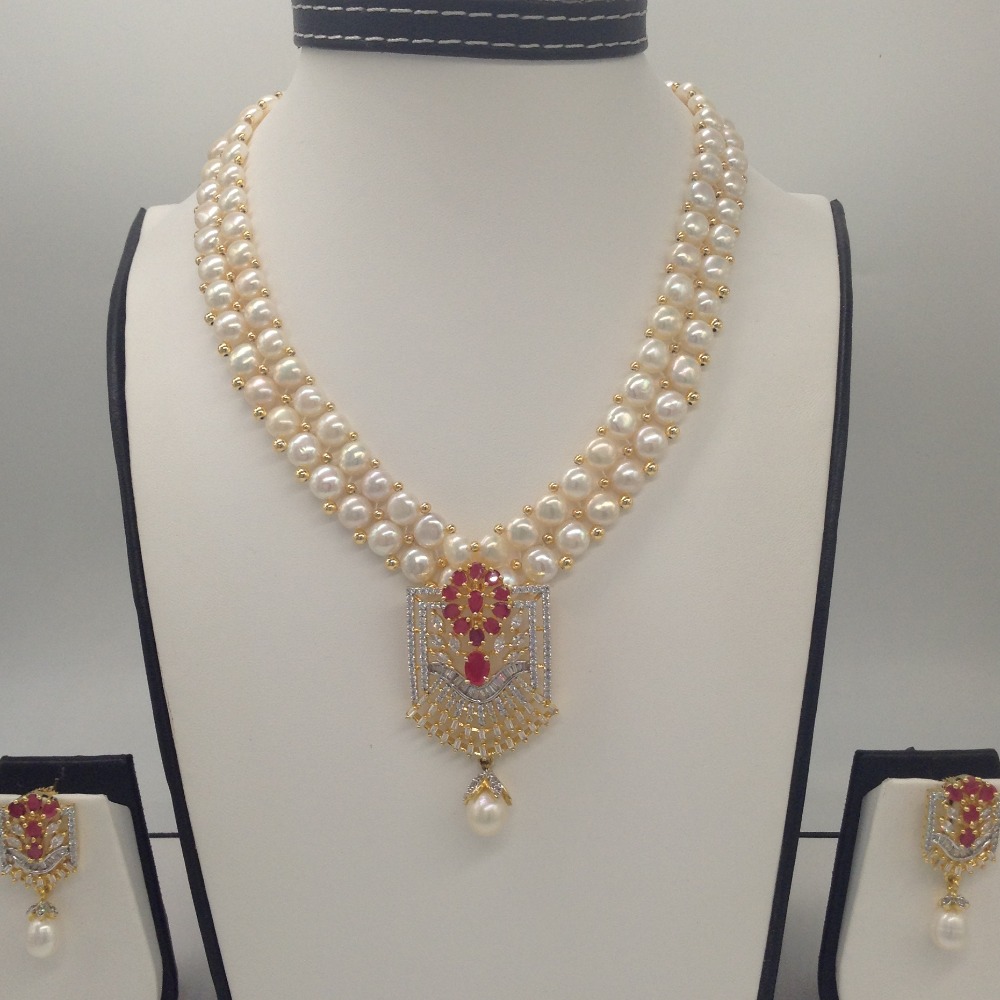 White,red cz pendent set with 2 line button pearls jps0393