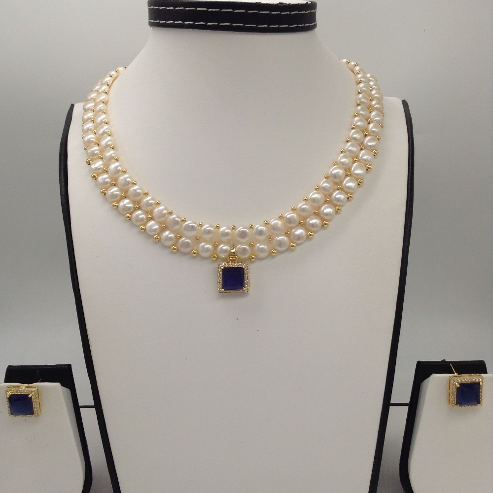 White,blue cz pendent set with 2 line button pearls jps0387