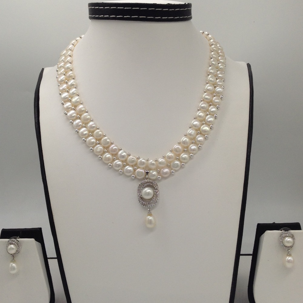 White cz pendent set with 2 line button pearls jps0376