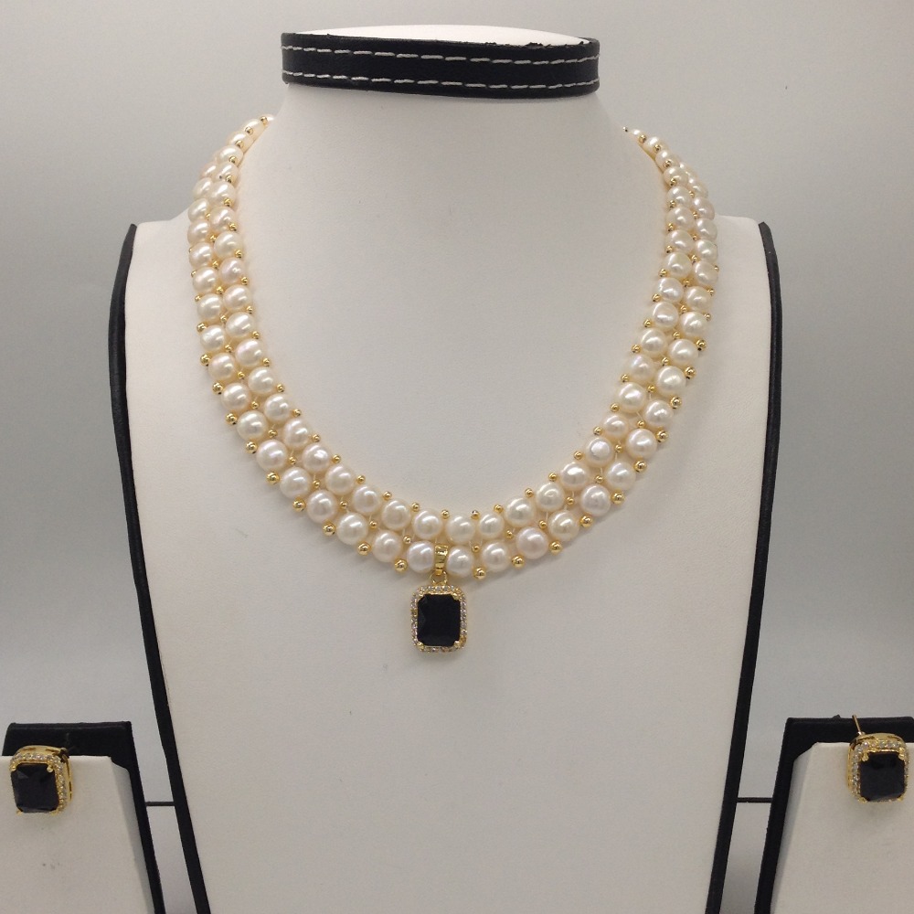 White,green cz pendent set with 2 line button jali pearls jps0389