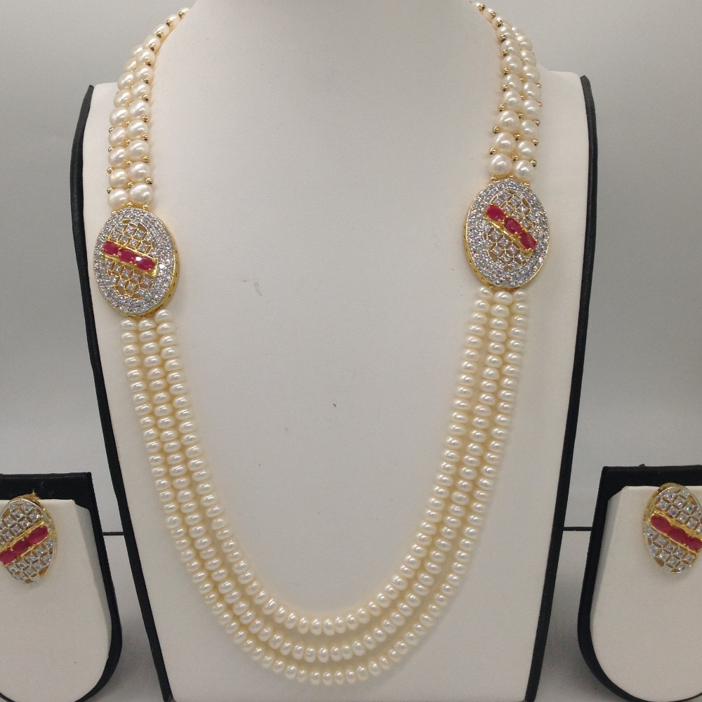 Red And White CZ Broach Set With 2 Line Button Jali And 3 Line Flat Pearls Mala JPS0357