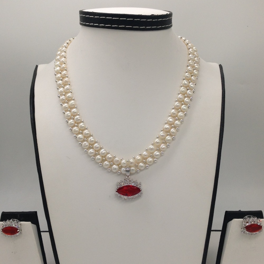 White,red cz pendent set with 2 line button pearls jps0375