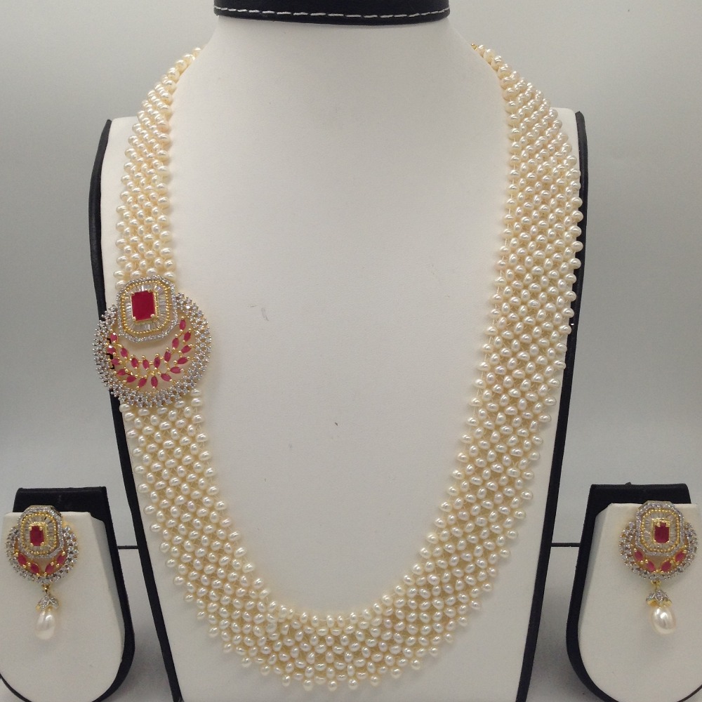 White And Red CZ Broach Set With Seed "U" Jali Pearls Mala JPS0373