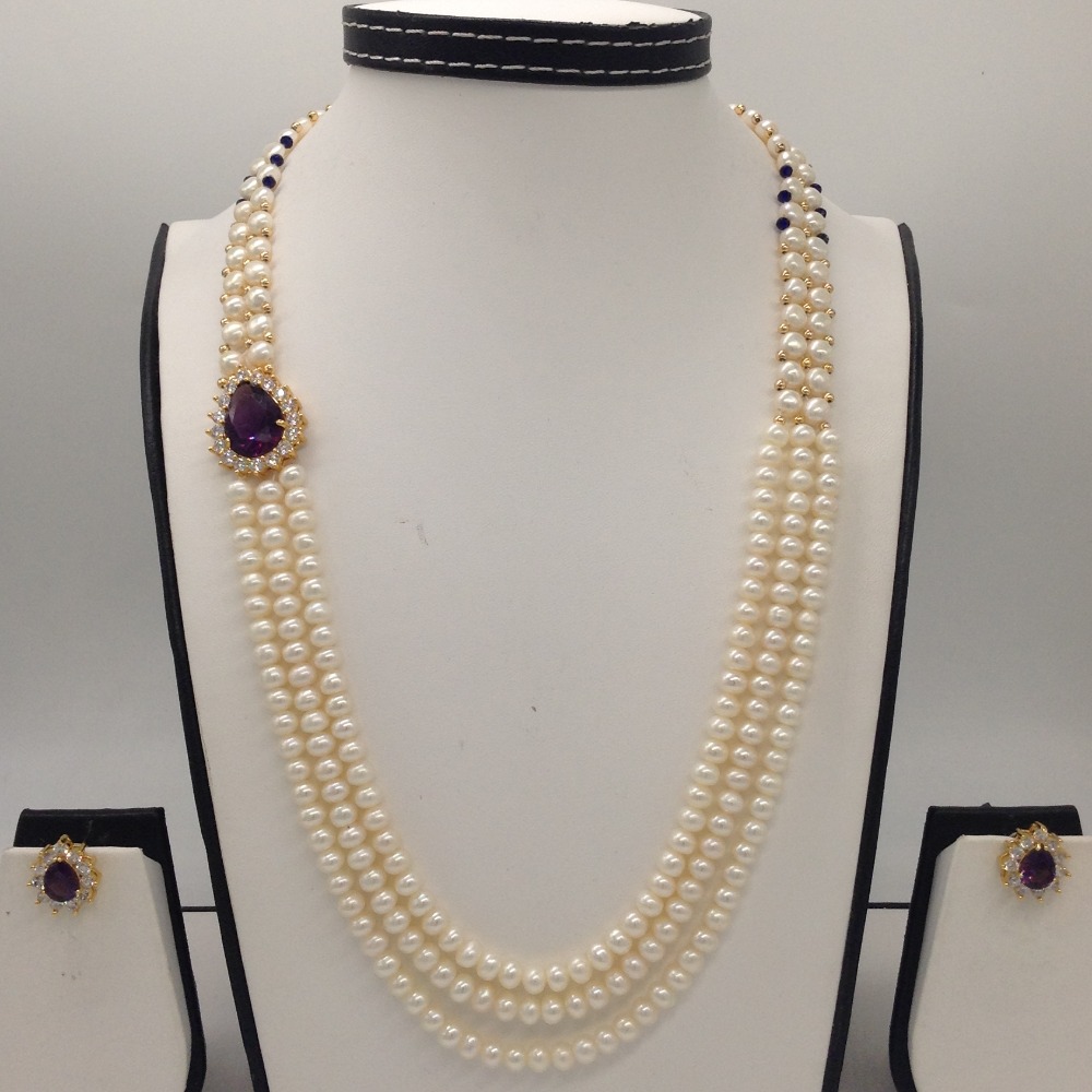 White And Purple CZ Broach Set With 2 Line Button Jali And 3 Line Flat Pearls Mala JPS0360