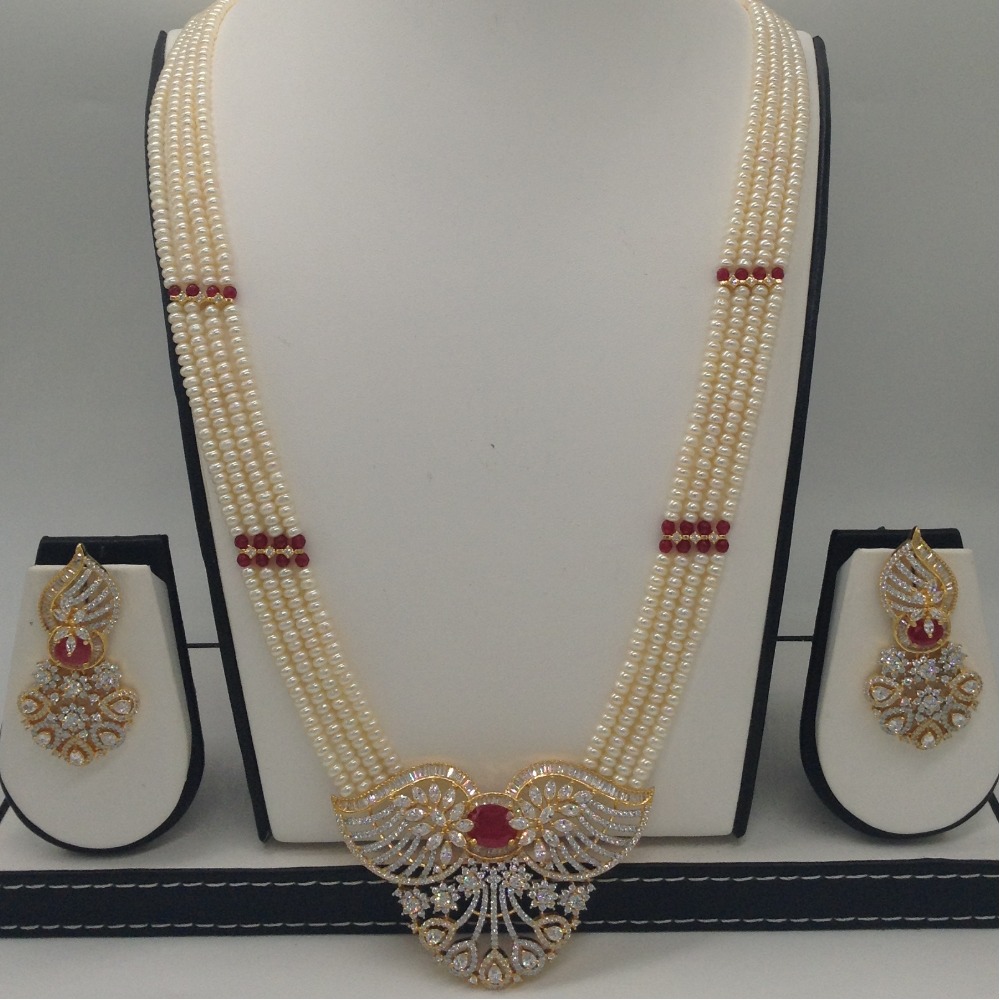 White,red cz pendent set with 4 line flat pearls jps0427