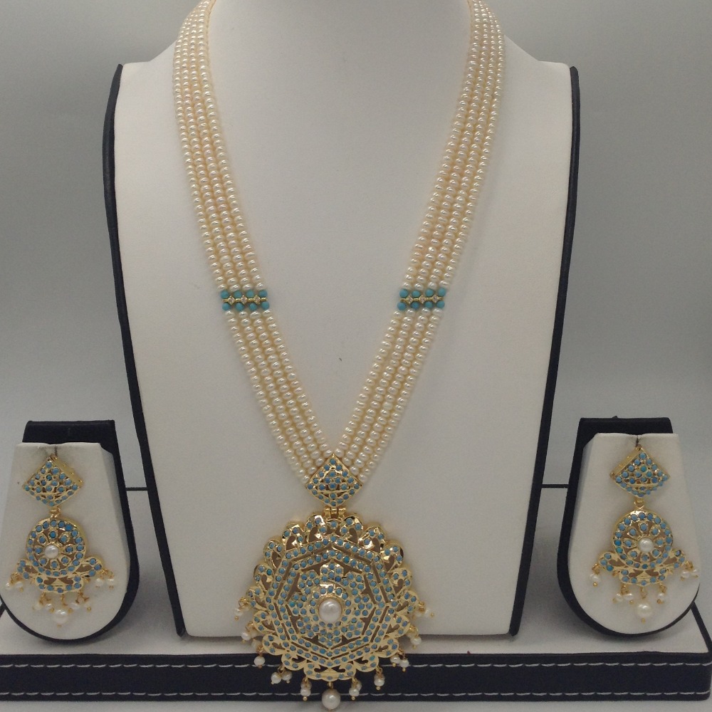 Turquoise,pearls ranihaar set with 4 line flat mala jps0423