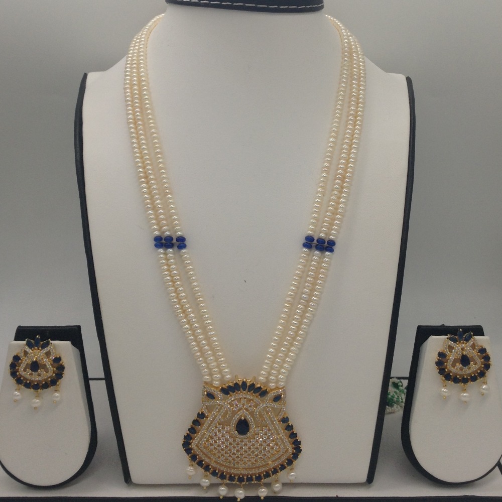 White, blue cz pendent set with 3 line flat pearls mala jps0424