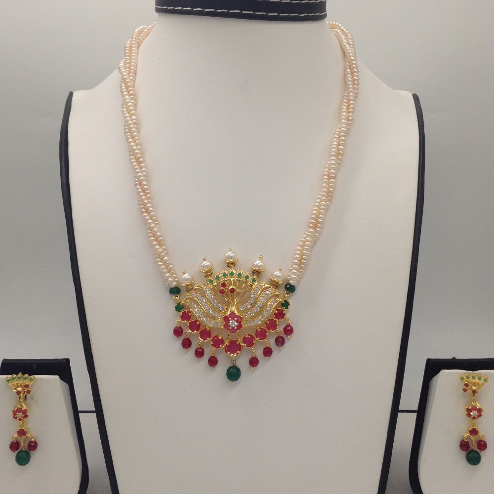 Tri colour cz peacock pendent set with seed pearls jps0430