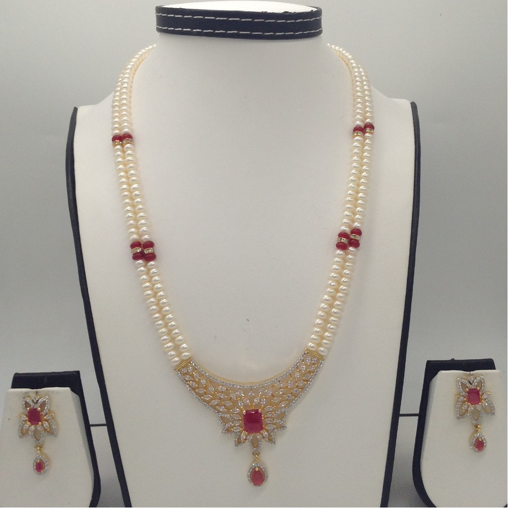 White,red cz pendent set with 2 line flat pearls jps0344
