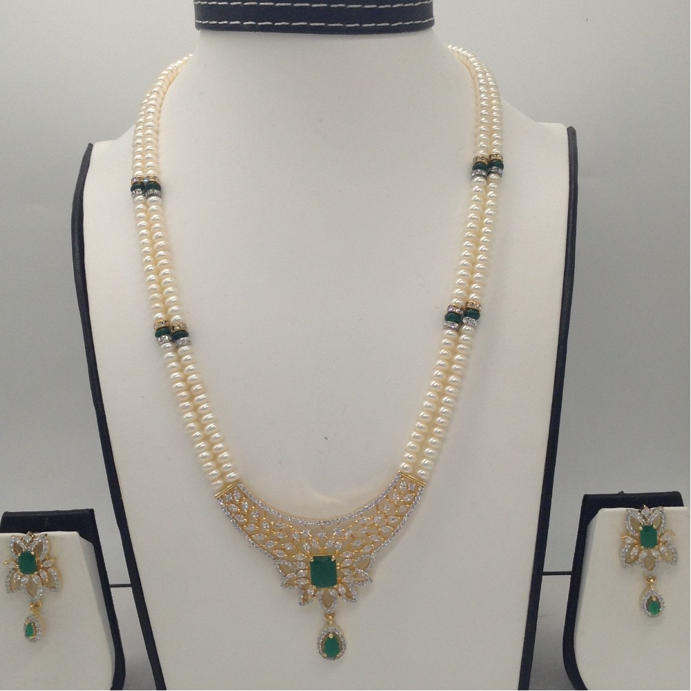 White,green cz pendent set with 2 line flat pearls jps0345