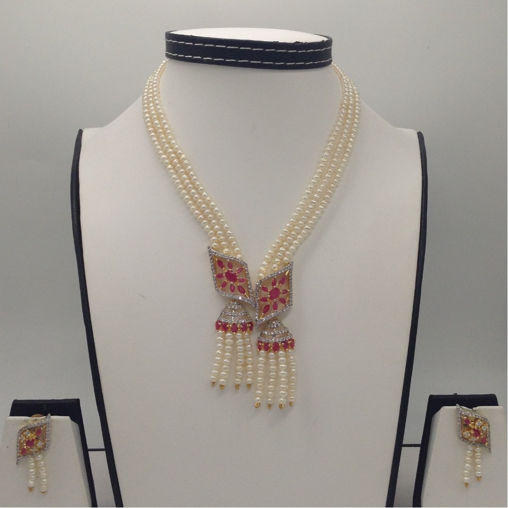 White,red cz pendent set with 3 line flat pearls jps0352