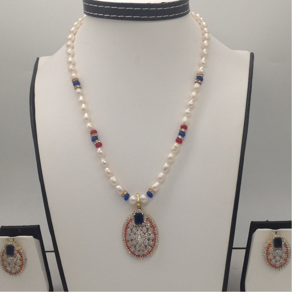 Tri colour cz pendent set with 1 line oval pearls mala jps0332