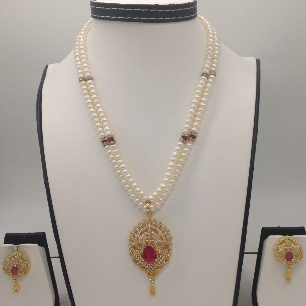 White,red cz pendent set with 2 line flat pearls jps0316