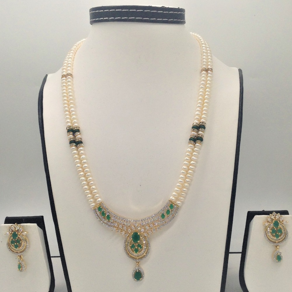 White,green cz pendent set with 2 line flat pearls jps0319