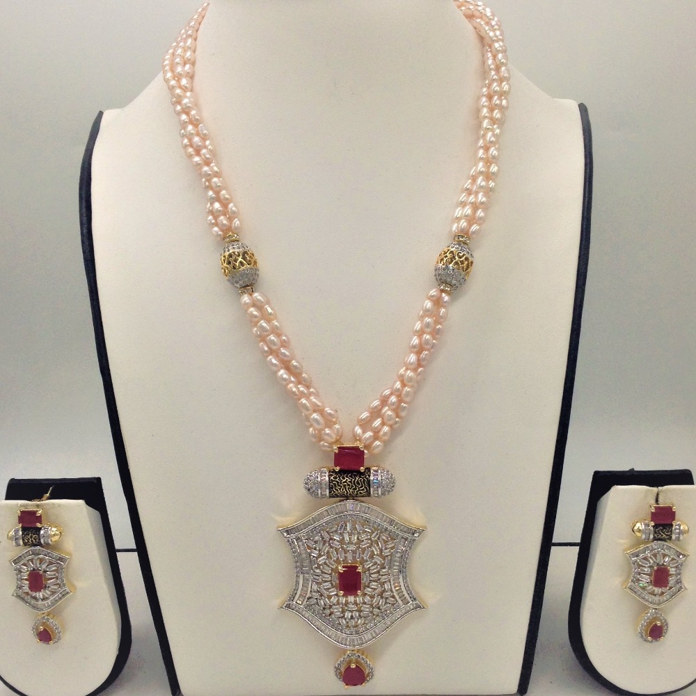 White,red cz pendent set with 4 line pink rice pearls jps0338