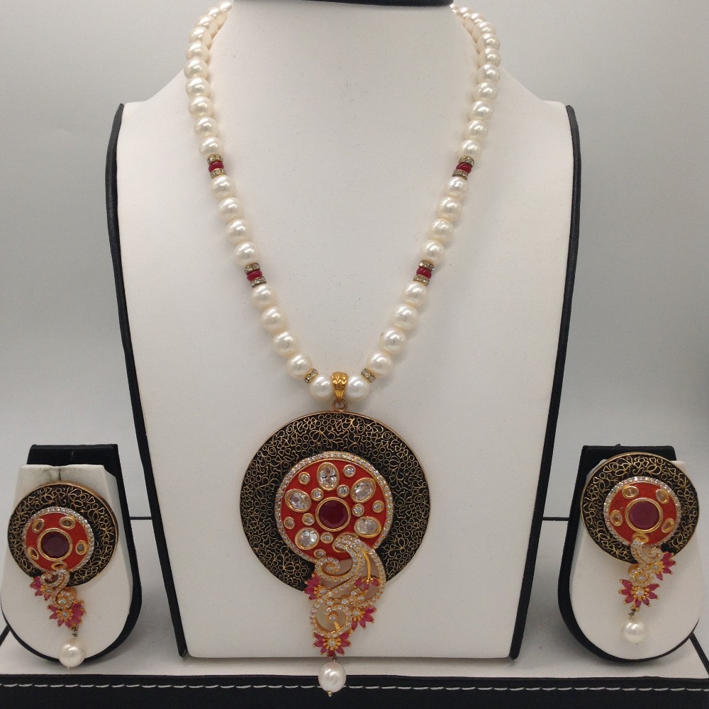 White, red cz pendent set with 1 line round pearls jps0299