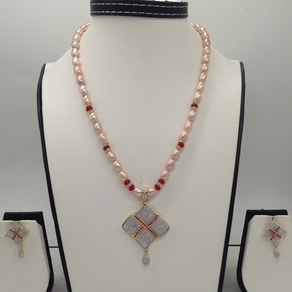 White,red cz pendent set with 1 line pink oval pearls jps0300