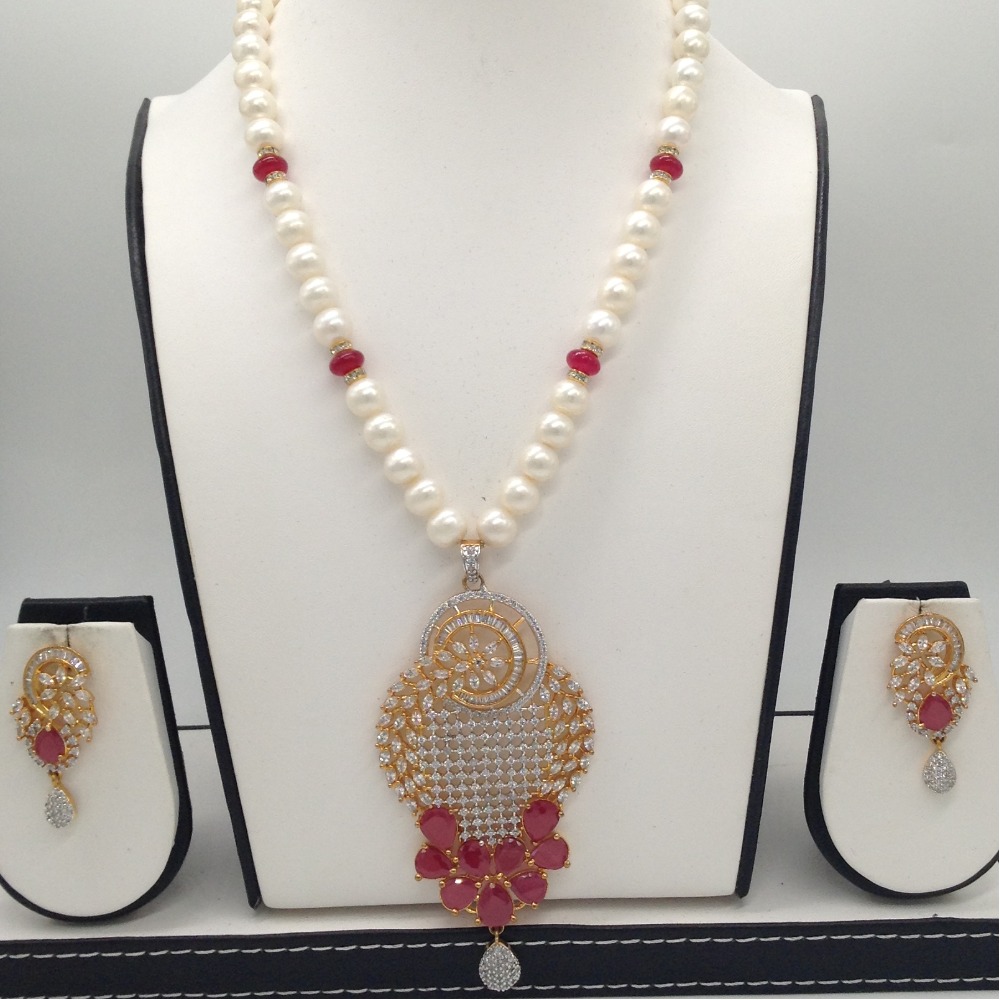 White,red cz pendent set with 1 line round pearls jps0296