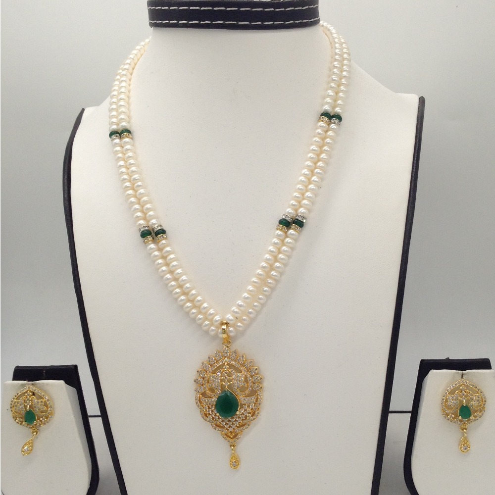 White,green cz pendent set with 2 line flat pearls jps0305