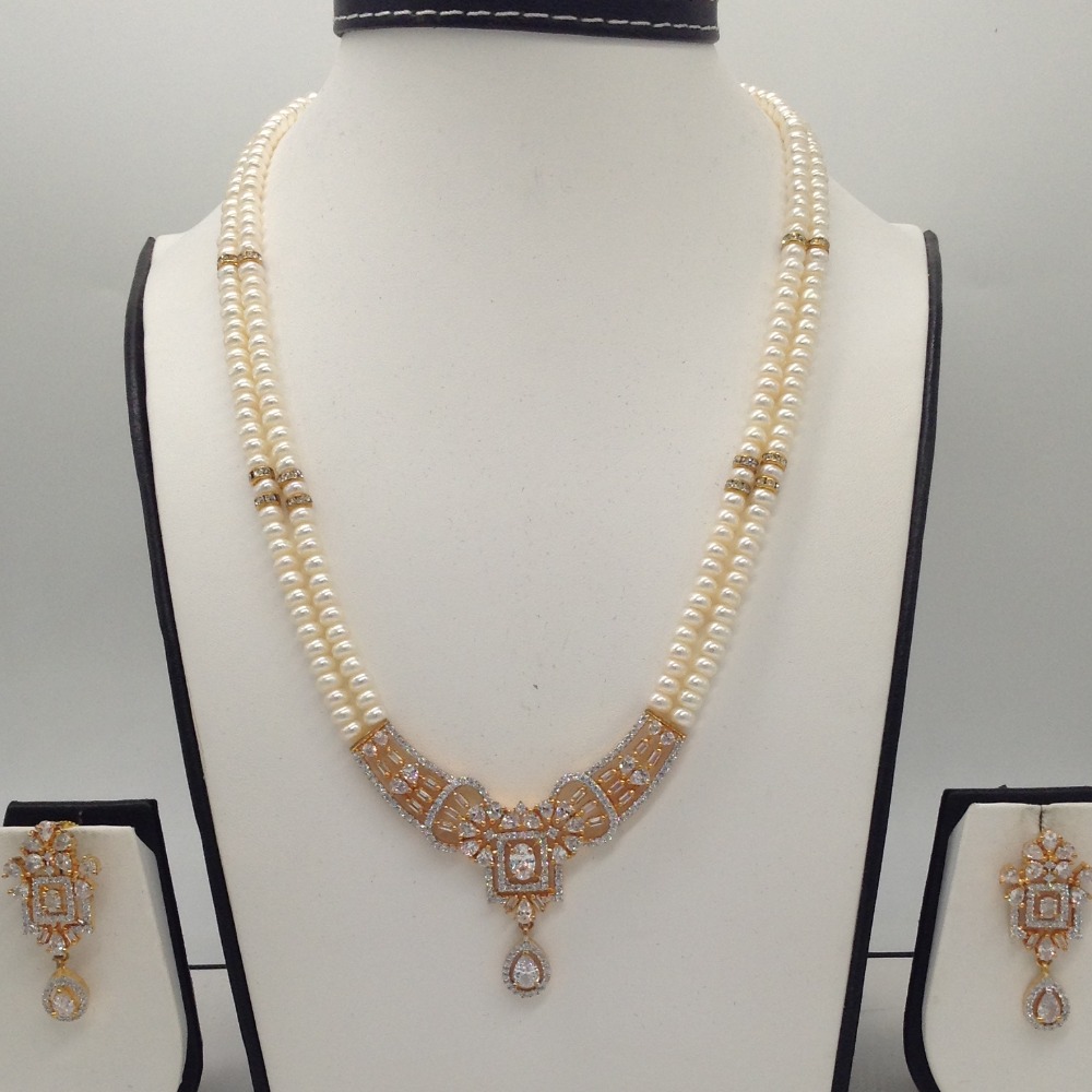White cz pendent set with 2 line flat pearls mala jps0311