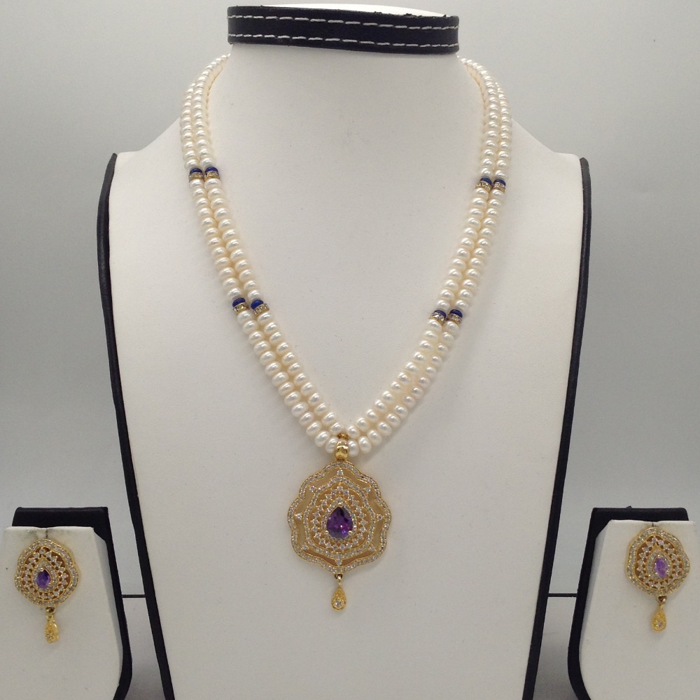 White,purple cz pendent set with 2 line flat pearls jps0309
