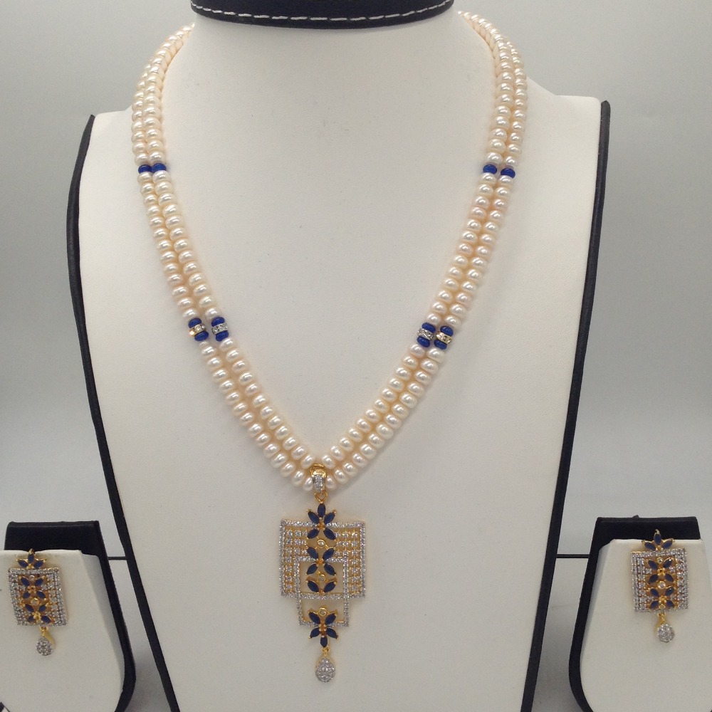 White,blue cz pendent set with 2 line flat pearls jps0308