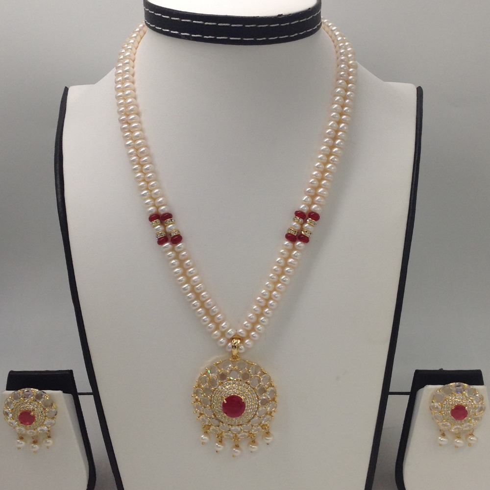White,red cz pendent set with 2 line flat pearls mala jps0278