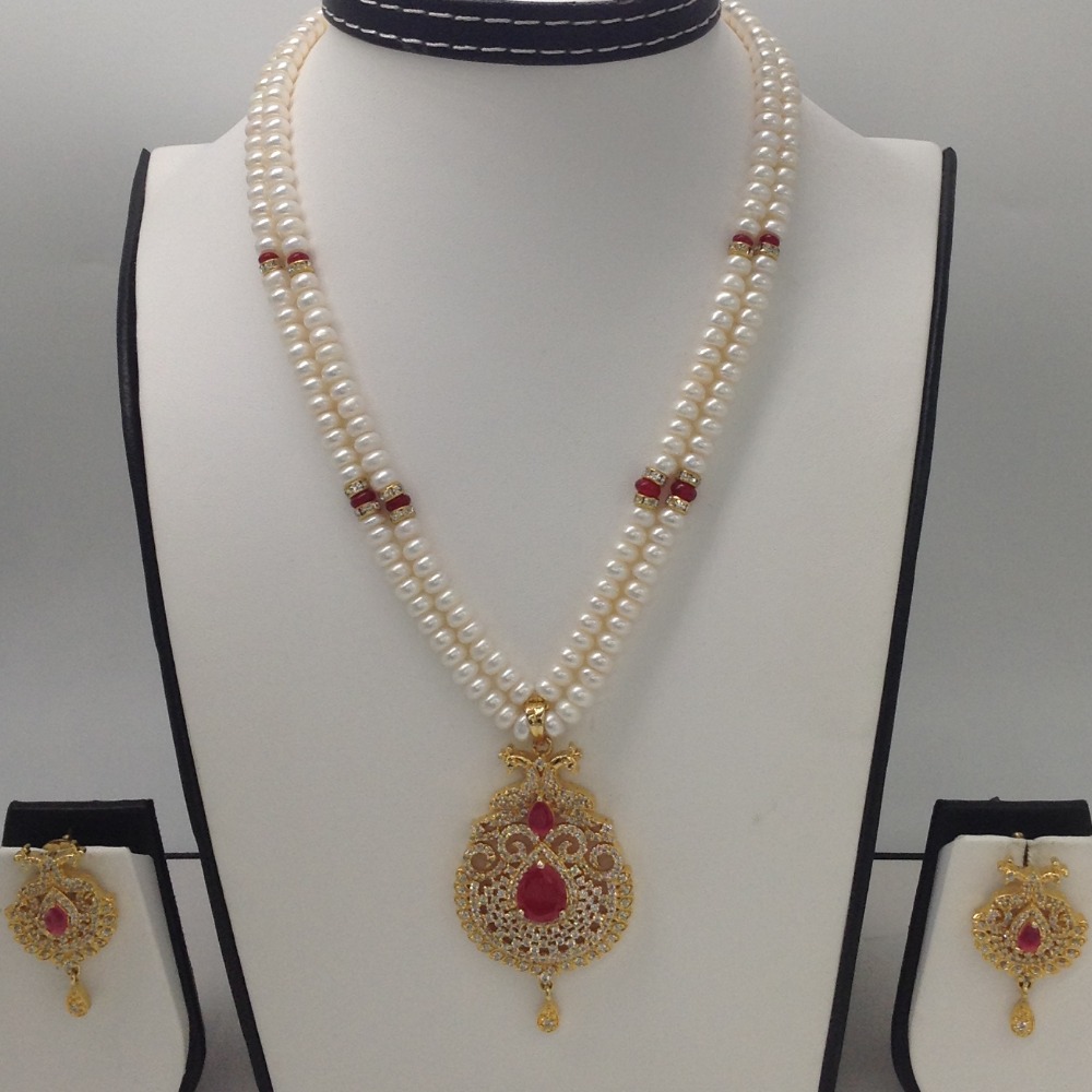 White,red cz pendent set with 2 line flat pearls mala jps0275
