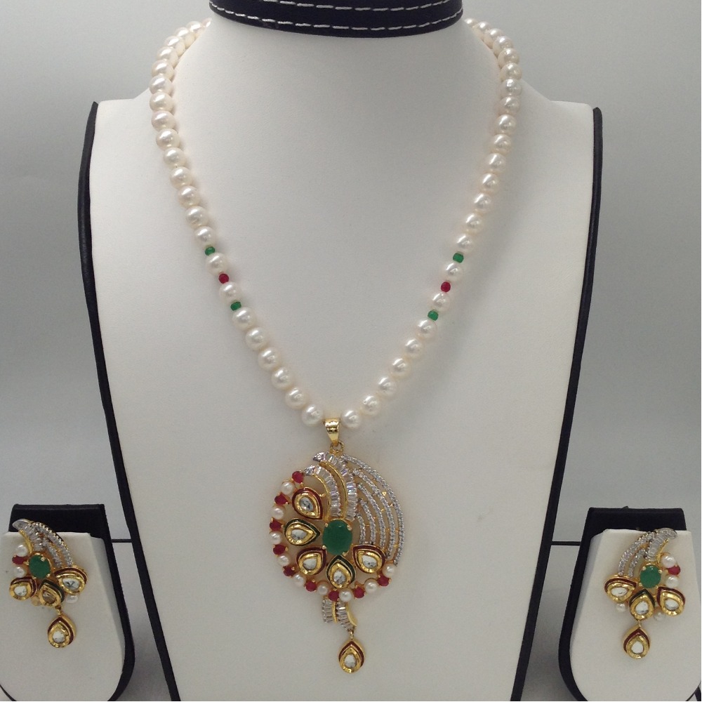 Tri colour cz pendent set with 1 line round pearls mala jps0282