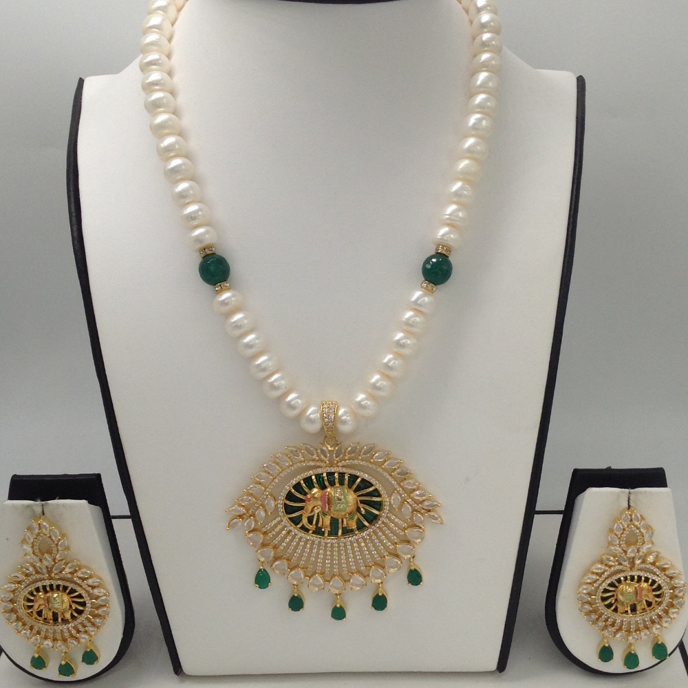 White,green cz pendent set with 1 line flat pearls mala jps0281