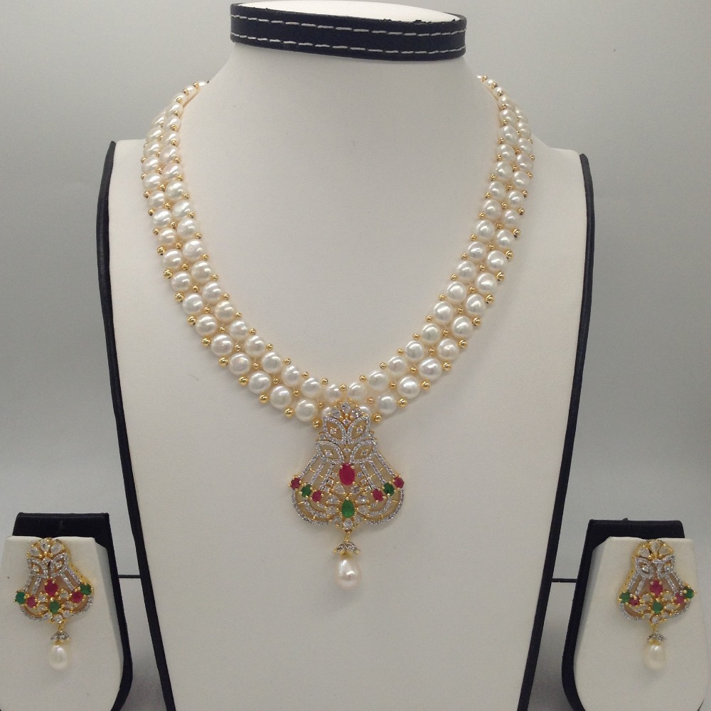 Tri colour cz pendent set with 2 line button pearls mala jps0264