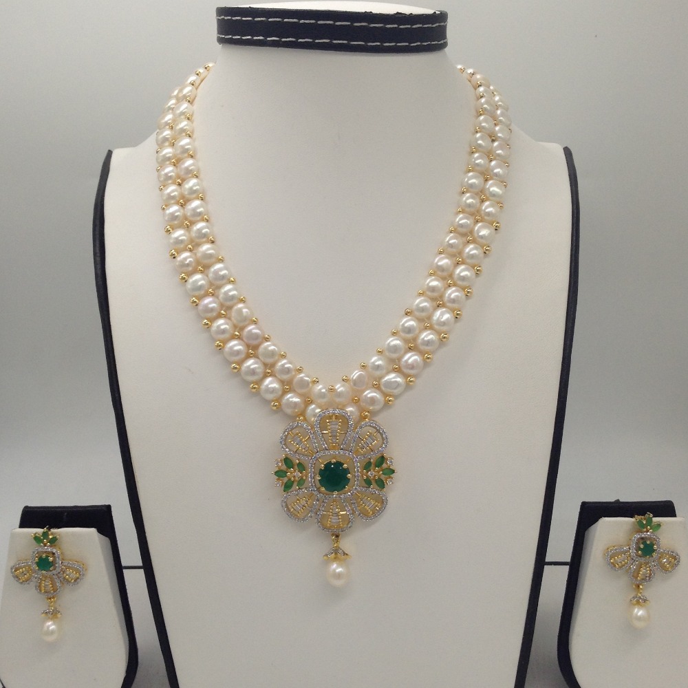 White,green cz pendent set with 2 line button pearls mala jps0261